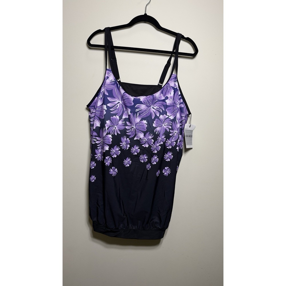Hanna Nikole Plus Size 22W Swimsuit Top Tankini Floral Purple Black Blouson NWT